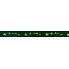 Jag Couture London - New York Winter green single faced satin ribbon with gold Santa on sleigh