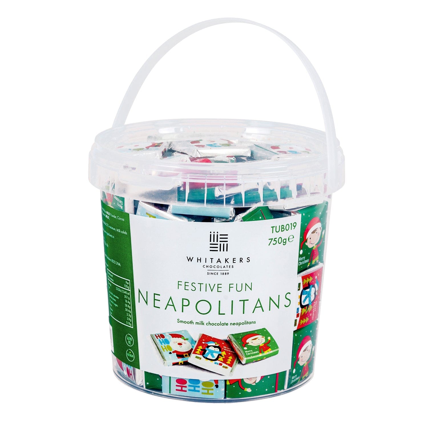 Jag Couture London - New York Festive fun solid milk chocolate neapolitans in 3 Christmas designs in tub 5g