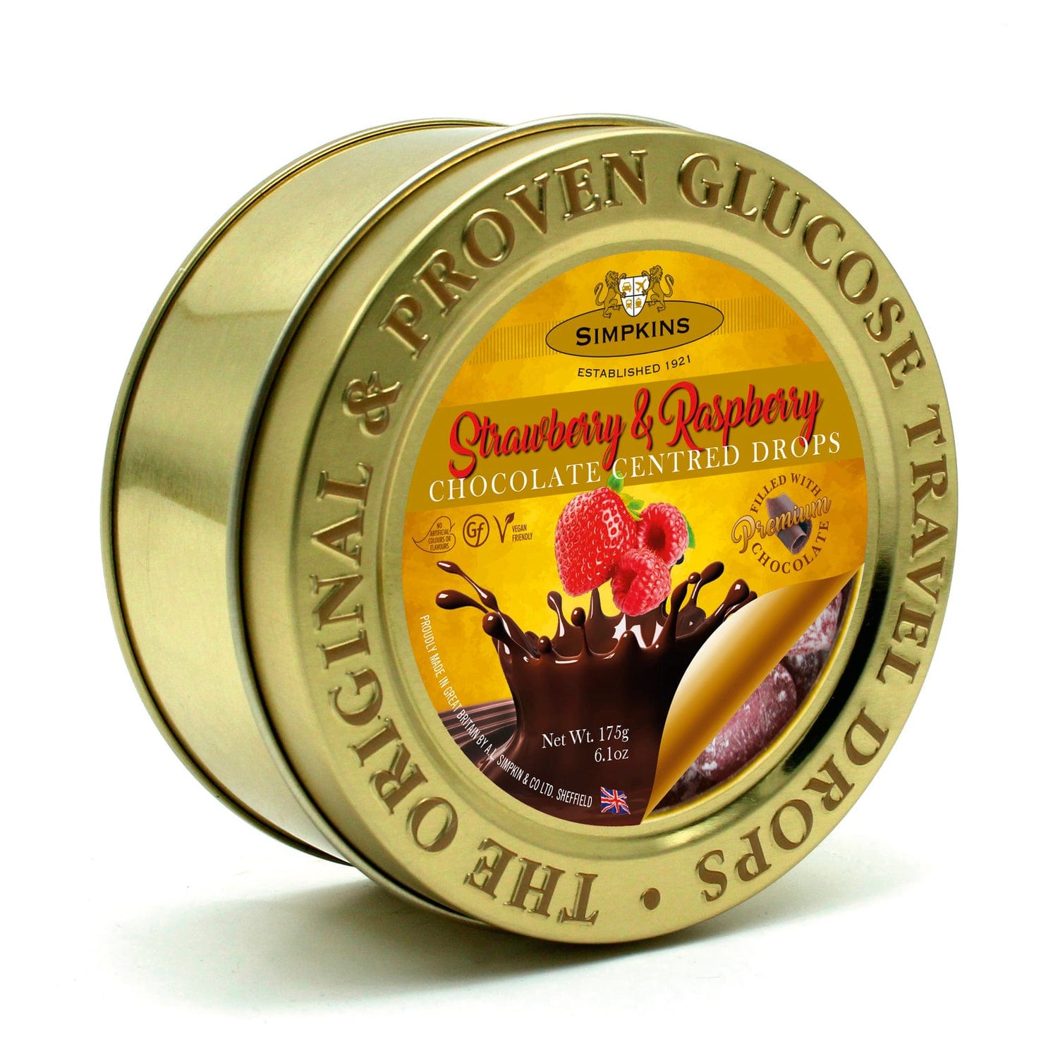 Jag Couture London - New York Gold embossed tin of chocolate centred strawberry & raspberry travel sweets