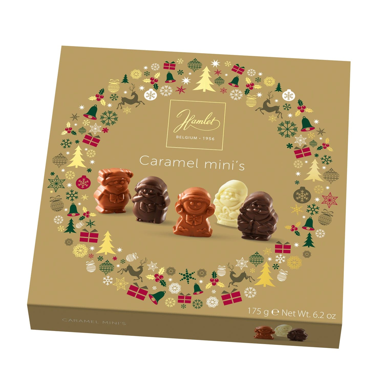 Jag Couture London - New York Hamlet gold carton of assorted chocolate caramel filled Christmas figures