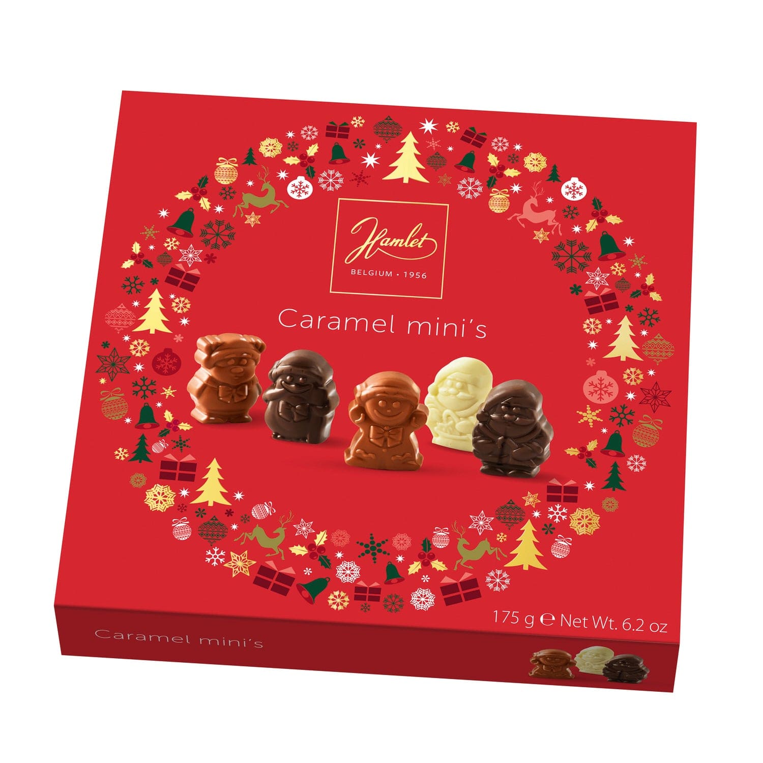 Jag Couture London - New York Hamlet red carton of assorted chocolate caramel filled Christmas figures