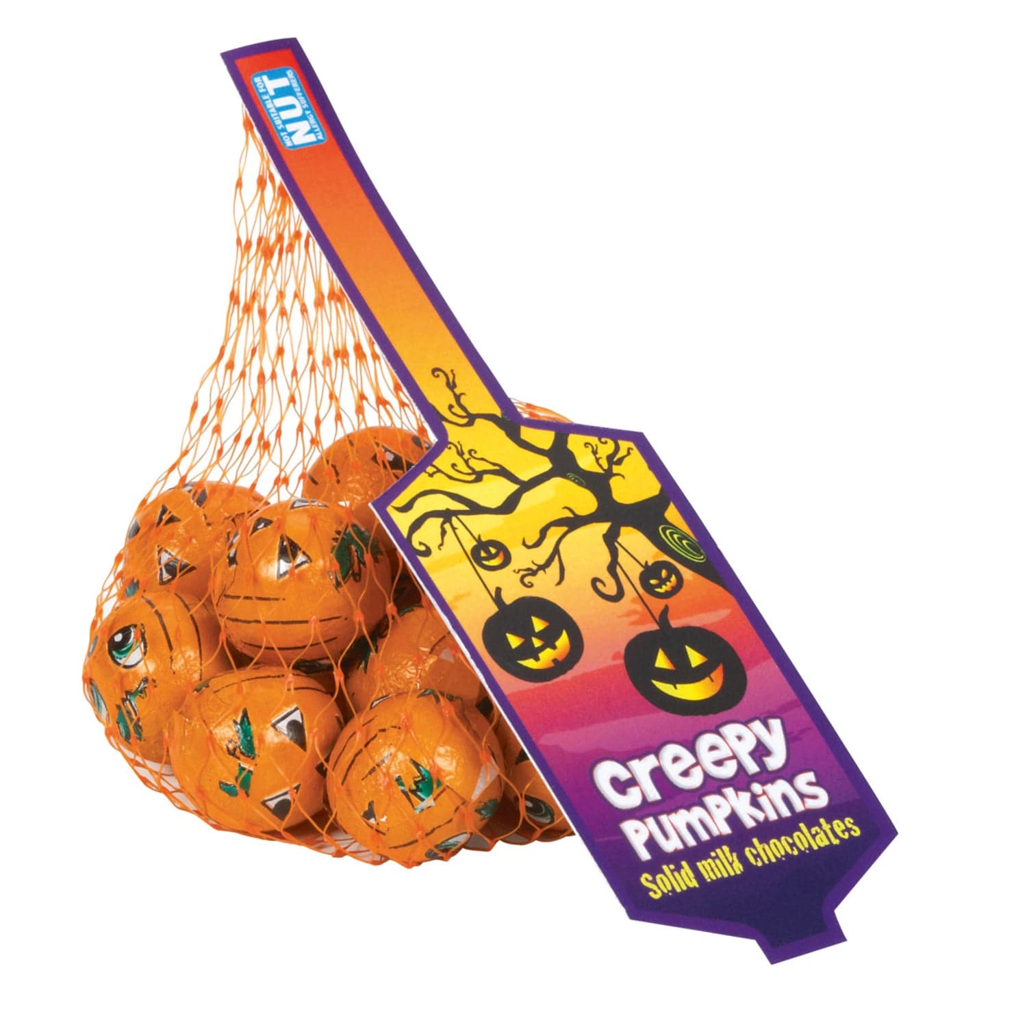 Jag Couture London - New York Net of solid milk chocolate balls in creepy pumpkin design foil