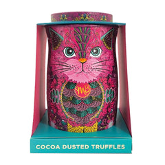 Jag Couture London - New York Persian pink cat tin of Choccy Scoffy chocolatey flavoured cocoa dusted truffles