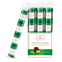 Jag Couture London - New York Pistachio dark chocolate covered bite-sized marzipan loaves in flow wrapped stick pack