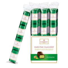 Jag Couture London - New York Pistachio dark chocolate covered bite-sized marzipan loaves in flow wrapped stick pack