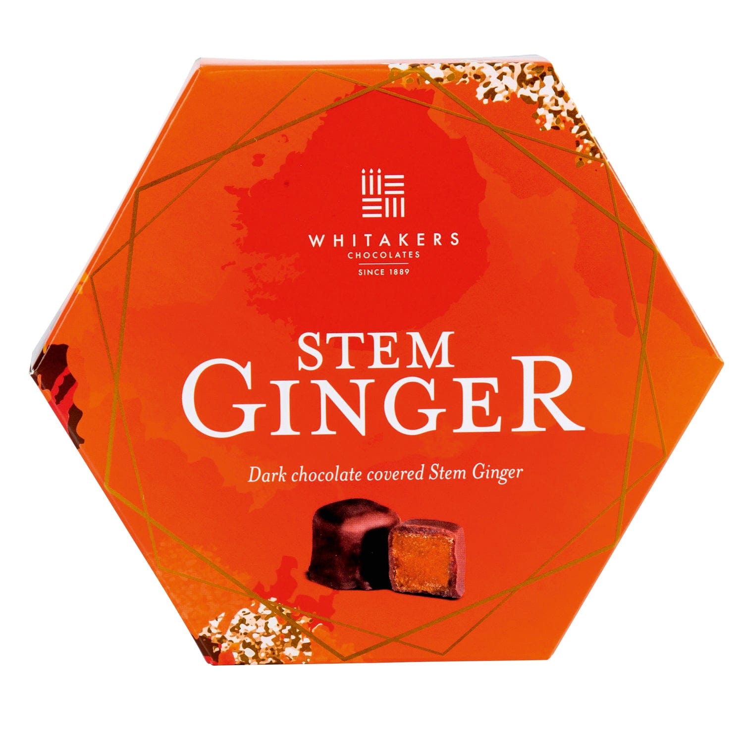 Jag Couture London - New York Whitakers dark chocolate covered stem ginger in hexagon box
