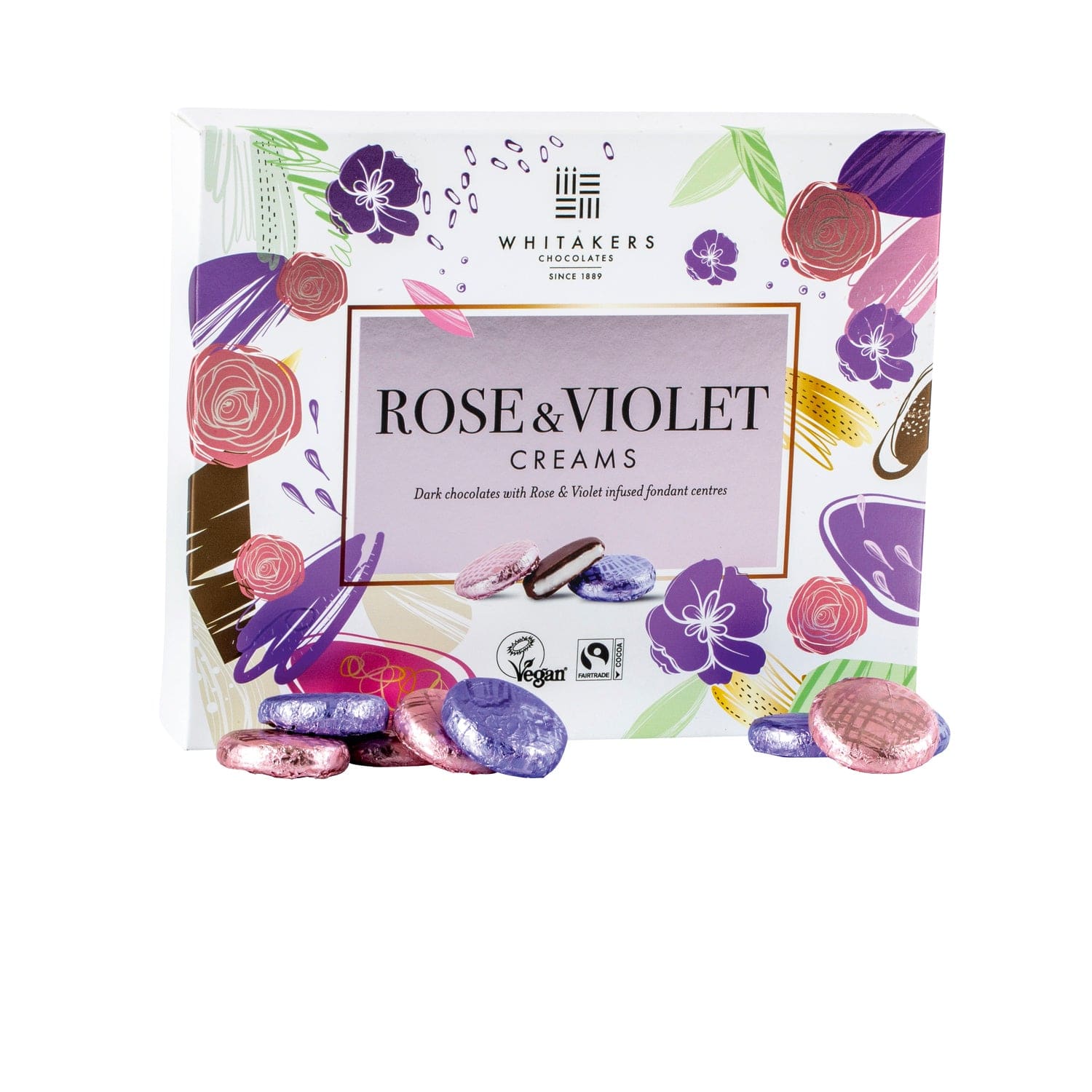 Jag Couture London - New York Whitakers foiled dark chocolate rose and violet creams in carton