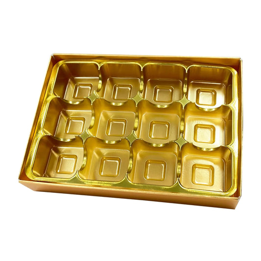 12 choc gold base, gold vac tray and cello lid Jag Couture London - New York