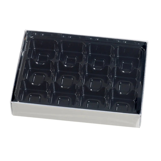 12 choc silver base, black vac tray and cello lid Jag Couture London - New York