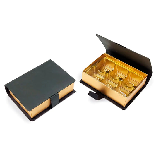 6 choc hinged lid book box with gold vac tray 110 x 80 x 32 Jag Couture London - New York