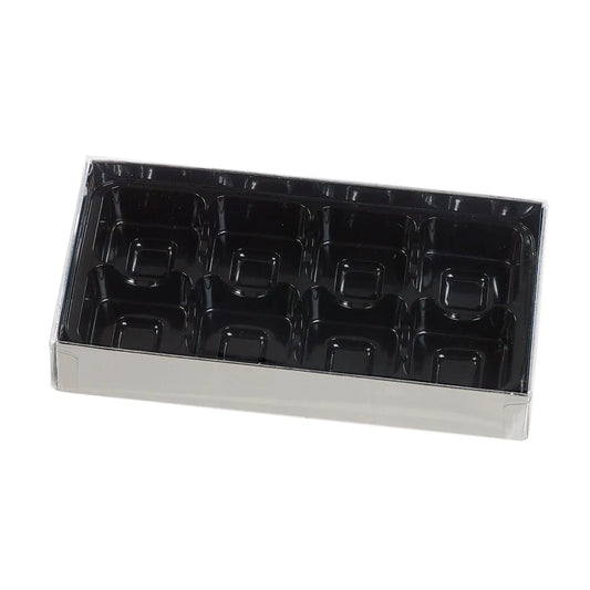 8 choc silver base, black vac tray and cello lid Jag Couture London - New York