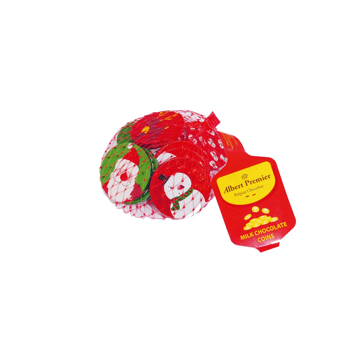 Foiled chocolate coins in nets - reindeer, snowman & Santa foils