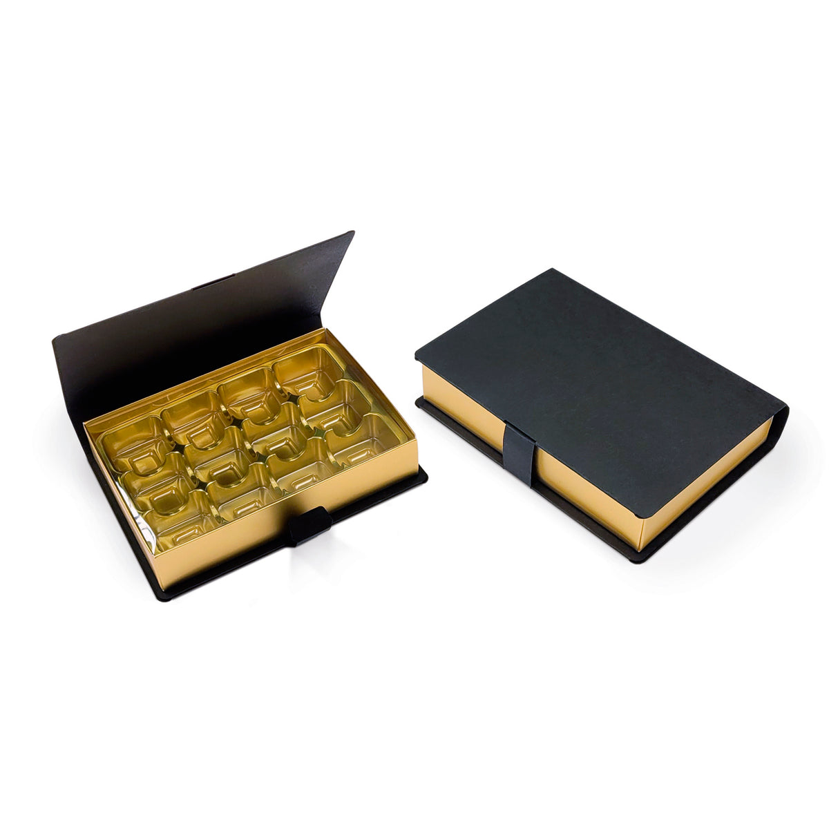 12 choc hinged lid book box with gold vac tray 157 x 110 x 32