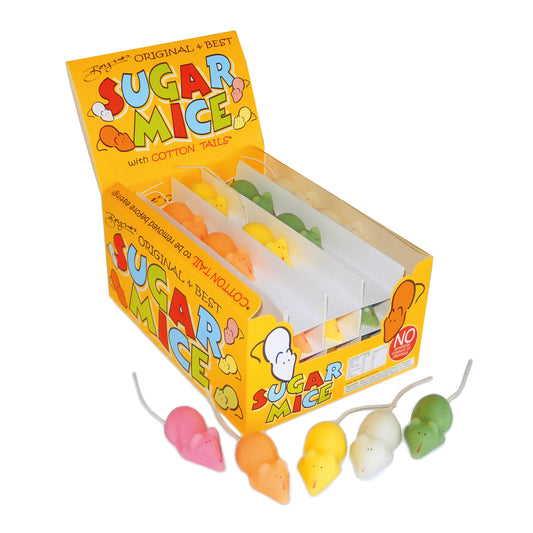 Assorted coloured sugar mice in display box