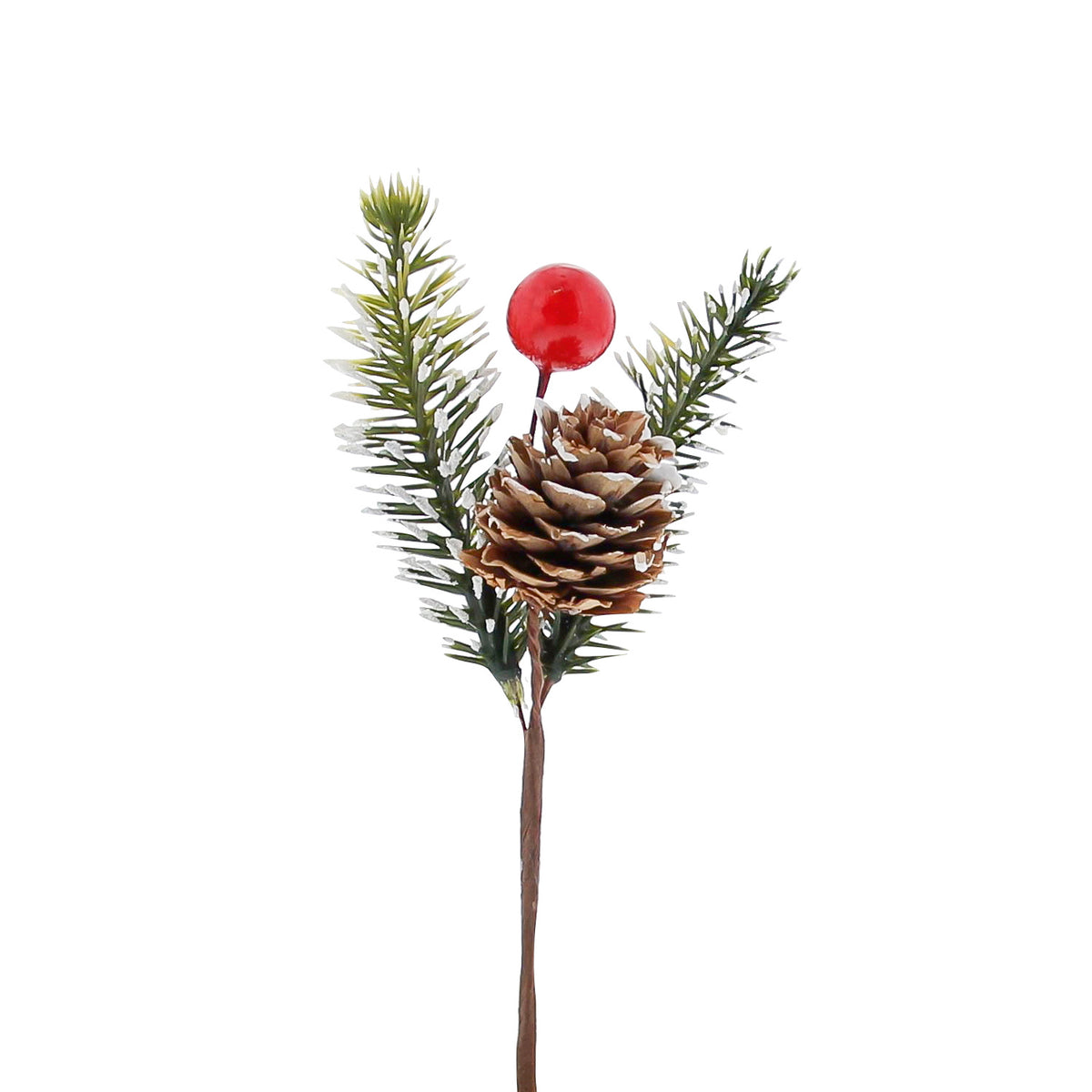 2 snowy pine branches with cone and red berry 12.5 x 5cm