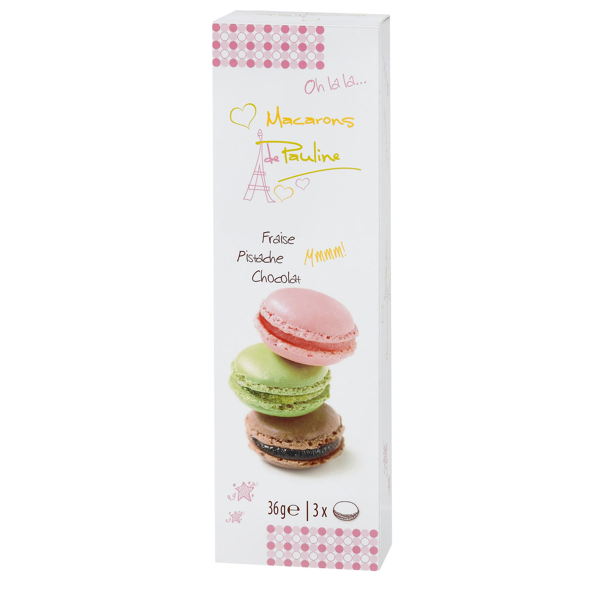 Assortment of 3 macarons in stick pack - pistachio, chocolate and strawberry - VAT FREE