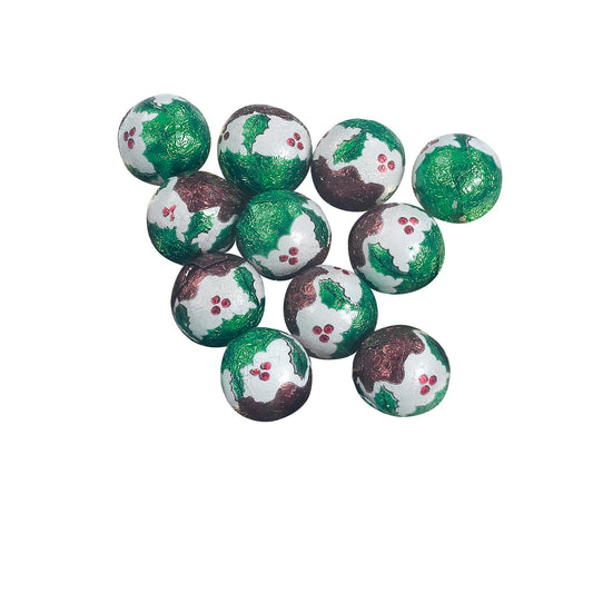 Solid milk chocolate balls in Christmas pudding design foil
