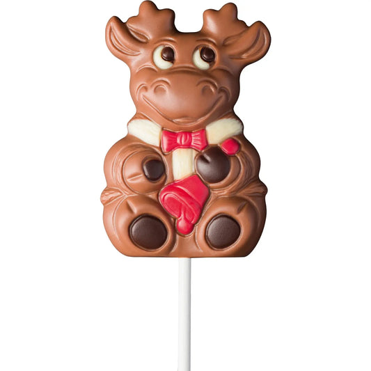Jag Couture London - New York Decorated solid milk chocolate reindeer with bell lolly in display - 157mm