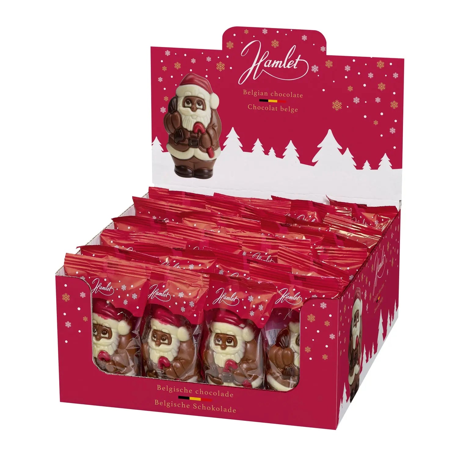Jag Couture London - New York Display of hollow milk chocolate Santa figures in flowpack