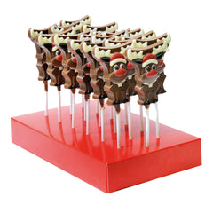 Hand decorated solid milk chocolate reindeer lollies