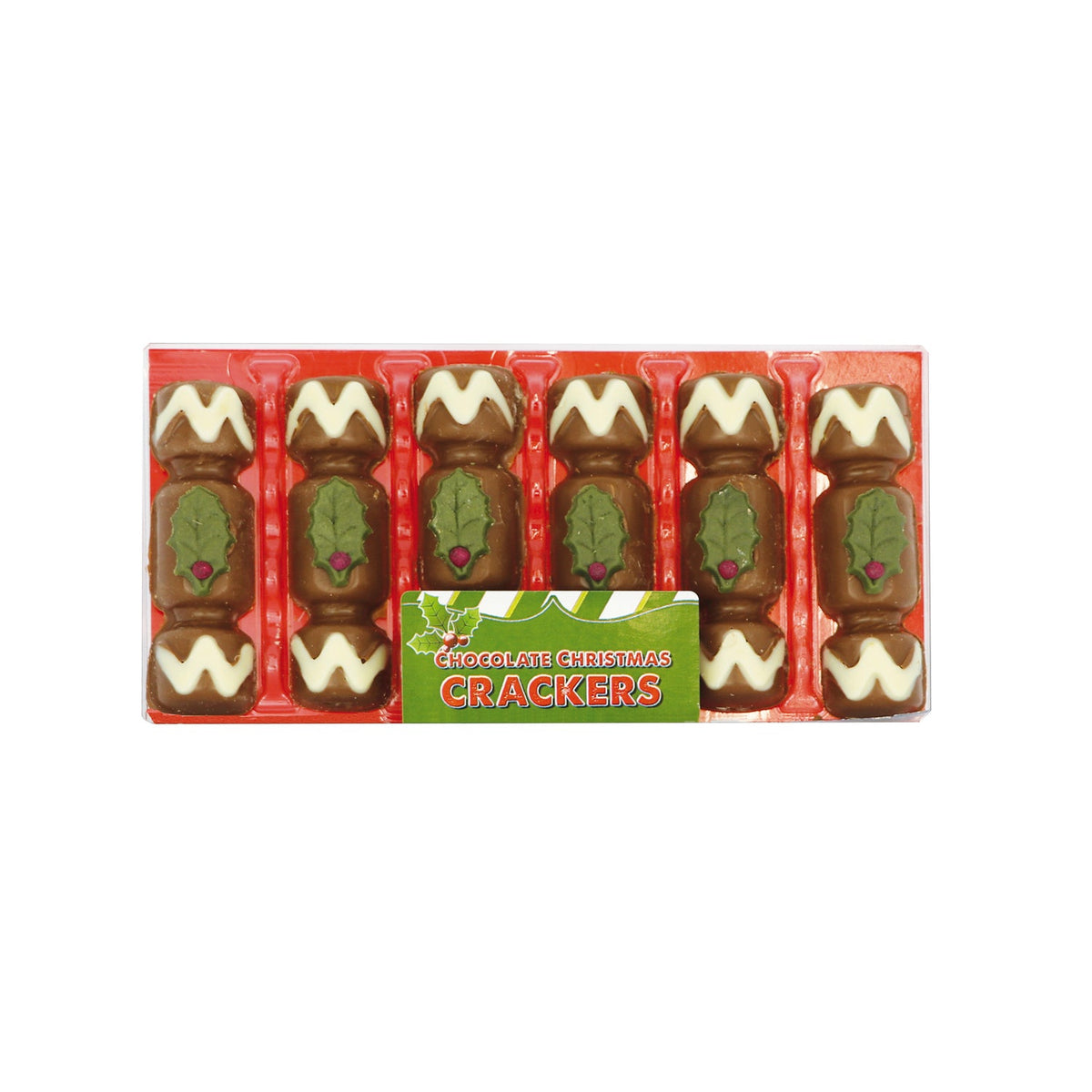 Hand decorated chocolate crackers with sugarcraft holly in acetate pack