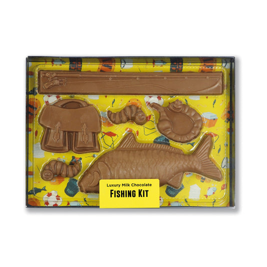 Milk chocolate fishing kit in black gift box with clear lid