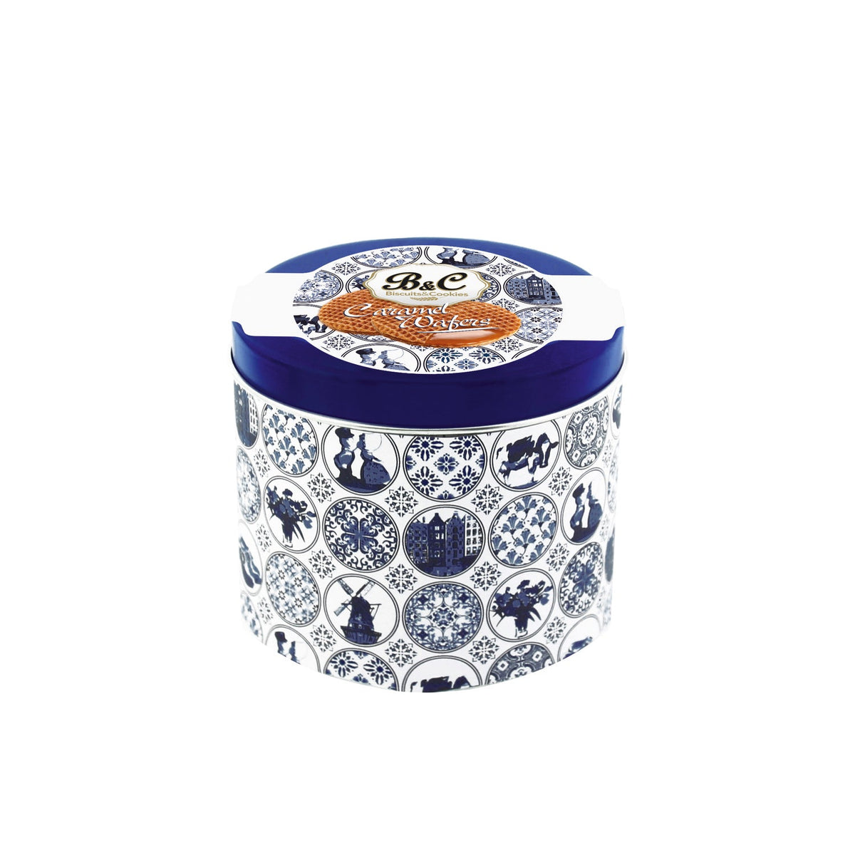 Blue and white tin of caramel wafers - VAT FREE