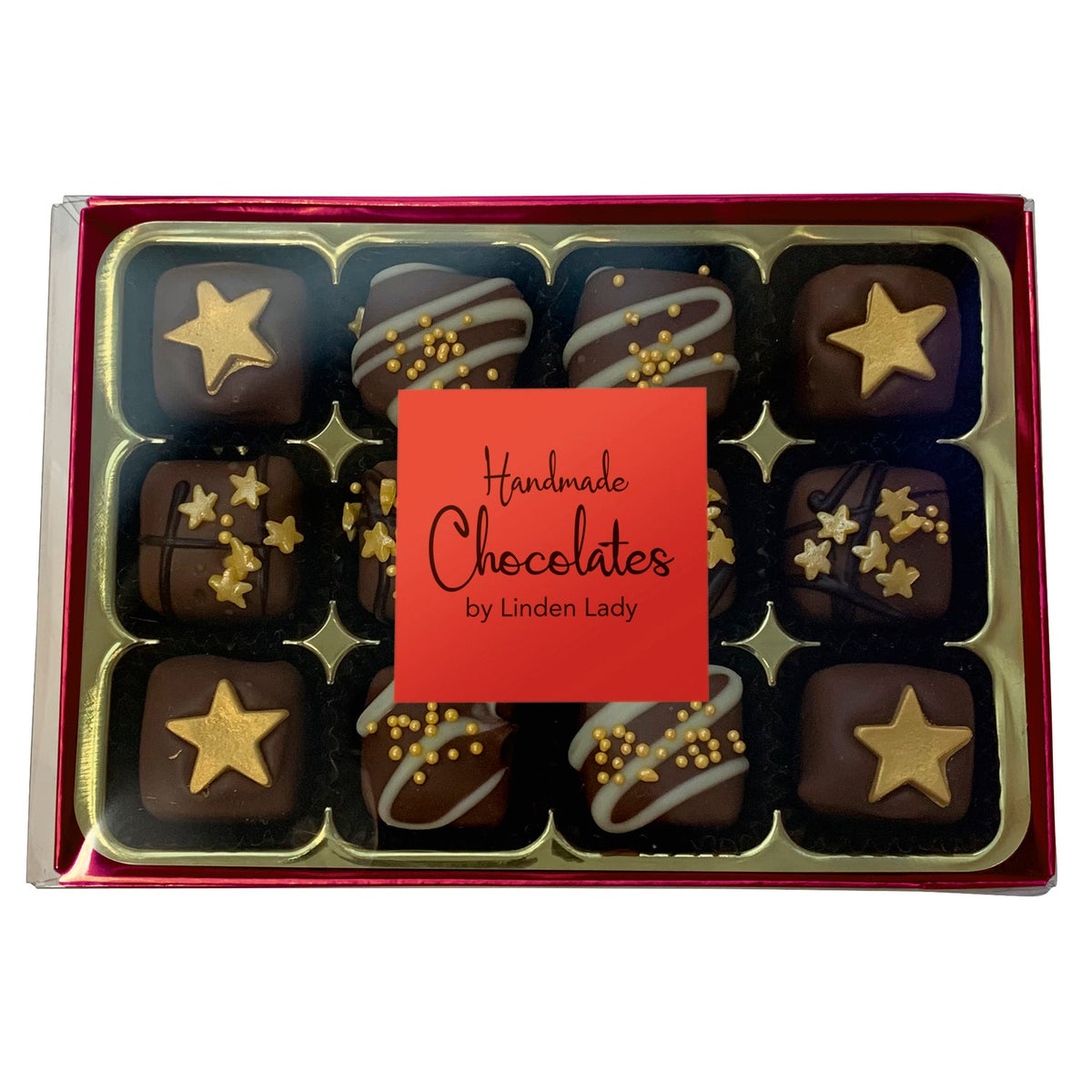 Linden Lady 12 chocolate covered fudge pieces in long red box with cello lid