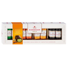Dark chocolate covered mini marzipan loaves in gift box - pistachio, orange, pineapple, espresso