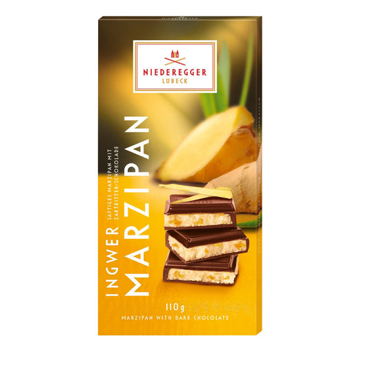 Dark chocolate covered ginger flavoured marzipan bar