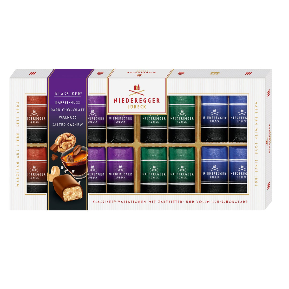 Editions dark chocolate covered mini marzipan loaves in gift box - coffee nut, dark, walnut, salted cashew