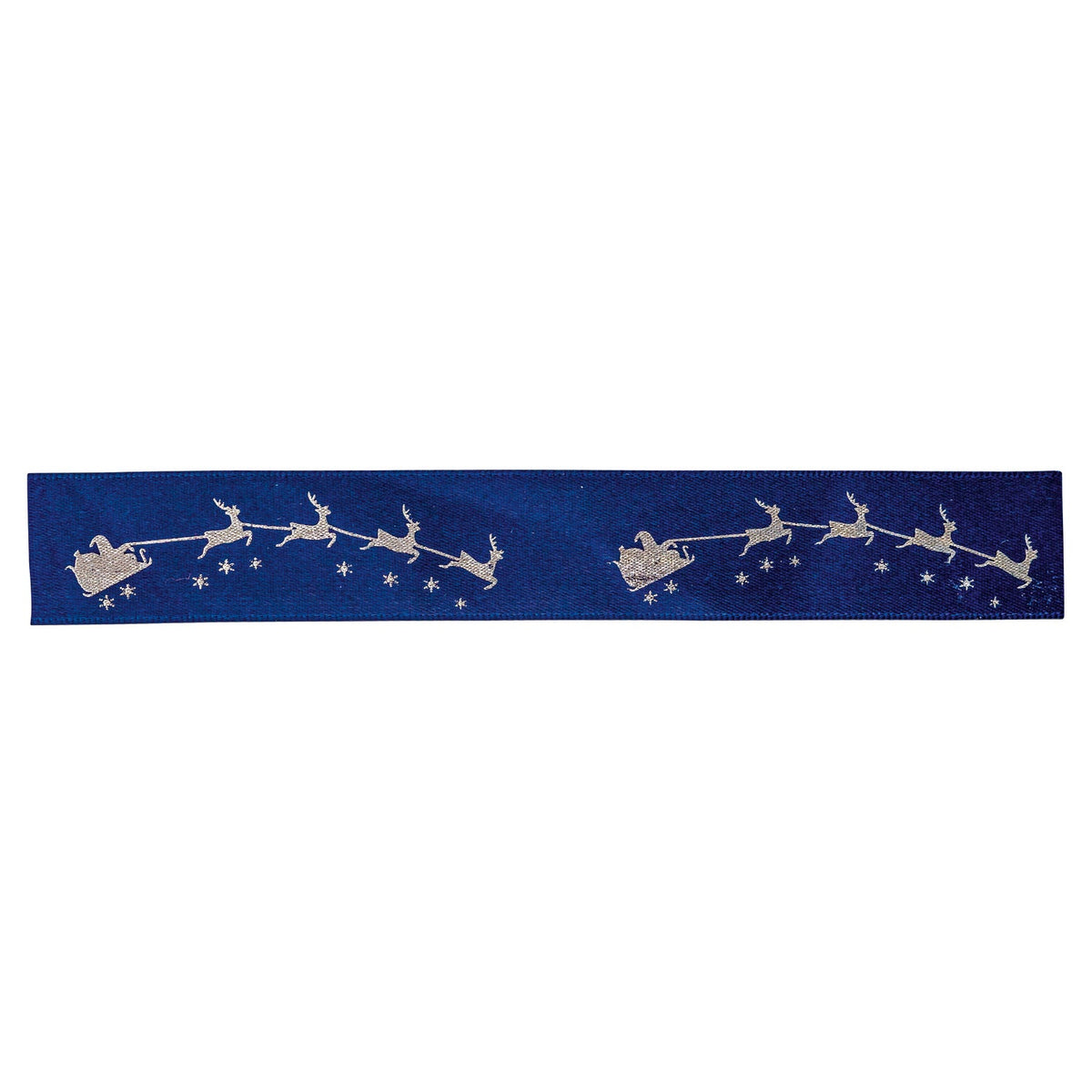 Midnight blue single faced satin ribbon with Santa on sleigh design