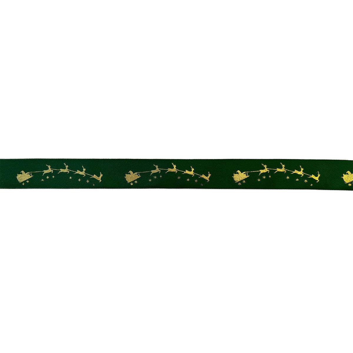 Winter green single faced satin ribbon with gold Santa on sleigh