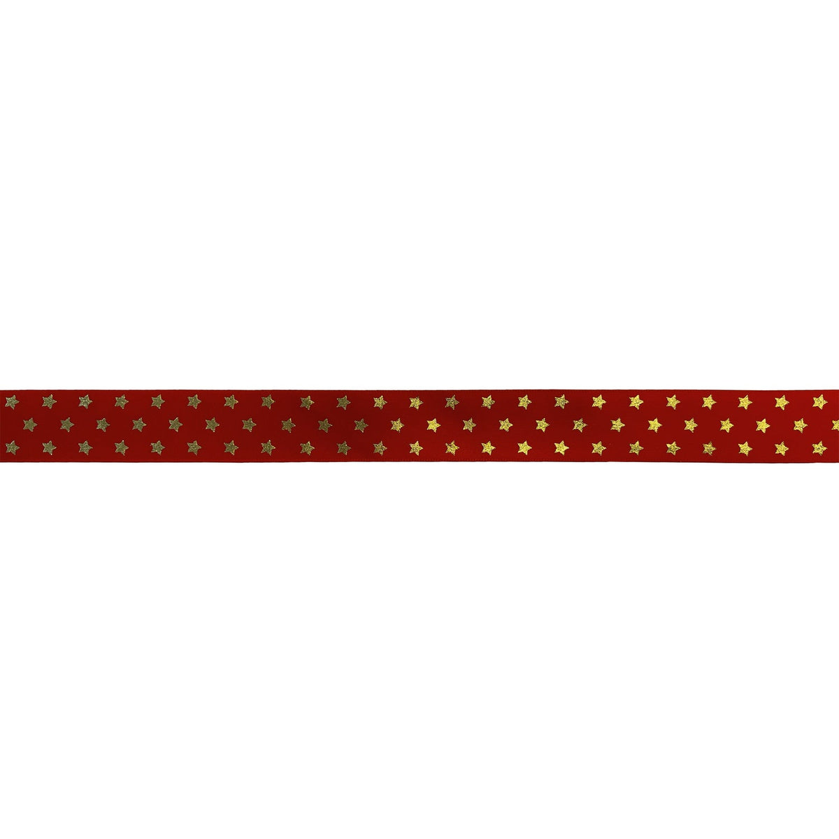 Red single faced satin ribbon with gold twinkling stars