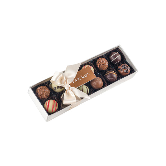 Assorted truffle selection in grey base with cello lid, ribbon and tag