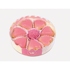 12cm round gift box of caramel filled blushed hearts and Marc de Champagne truffle