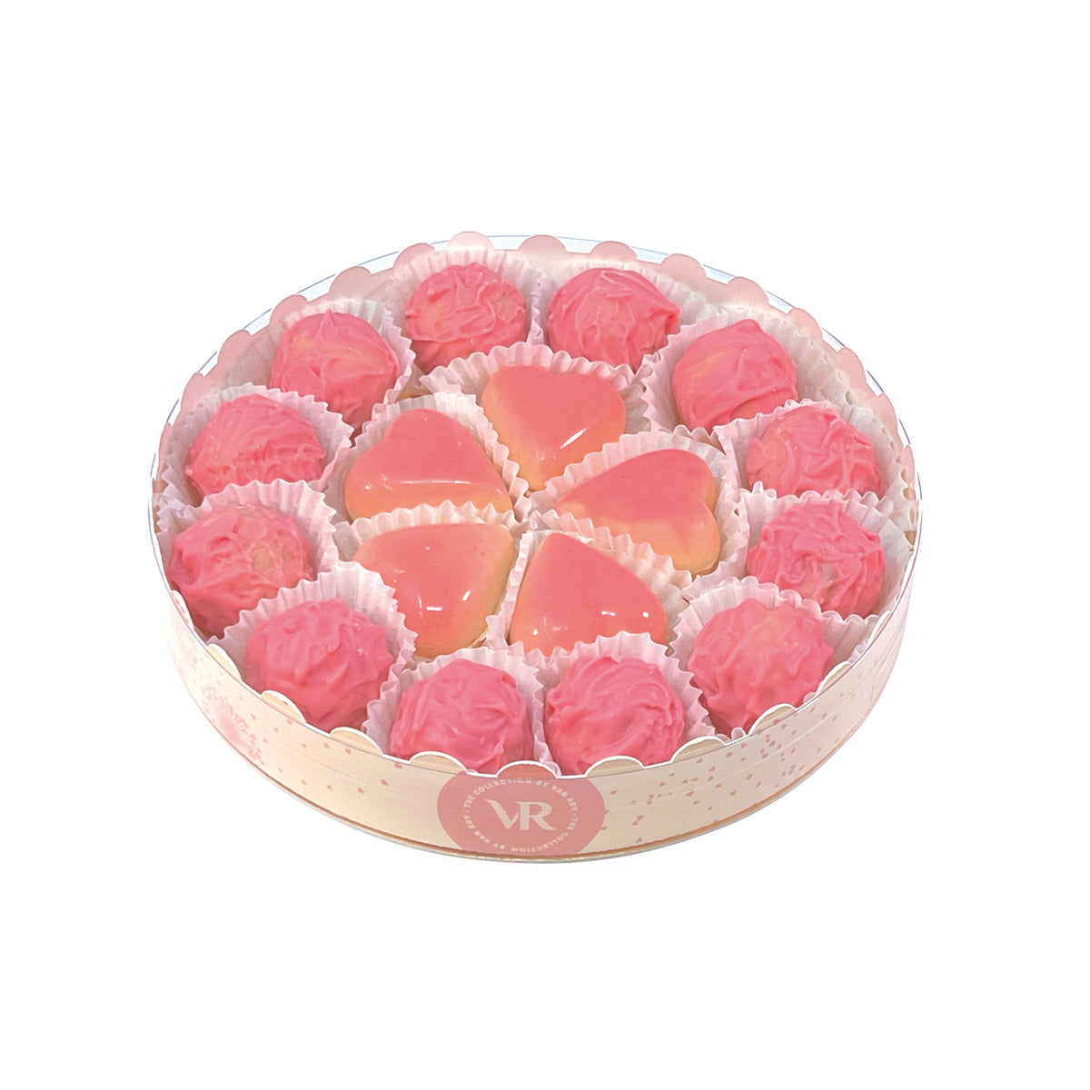 16cm round gift box of Marc de Champagne truffles and caramel filled blushed hearts