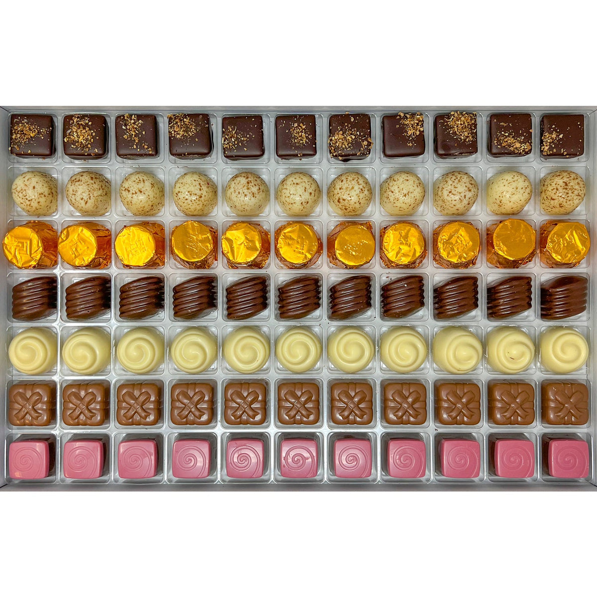 Classic Praline Selection - dark lemon, white hazelnut, milk salted caramel, white apricot, milk Irish cream, milk raspberry, dark pistachio