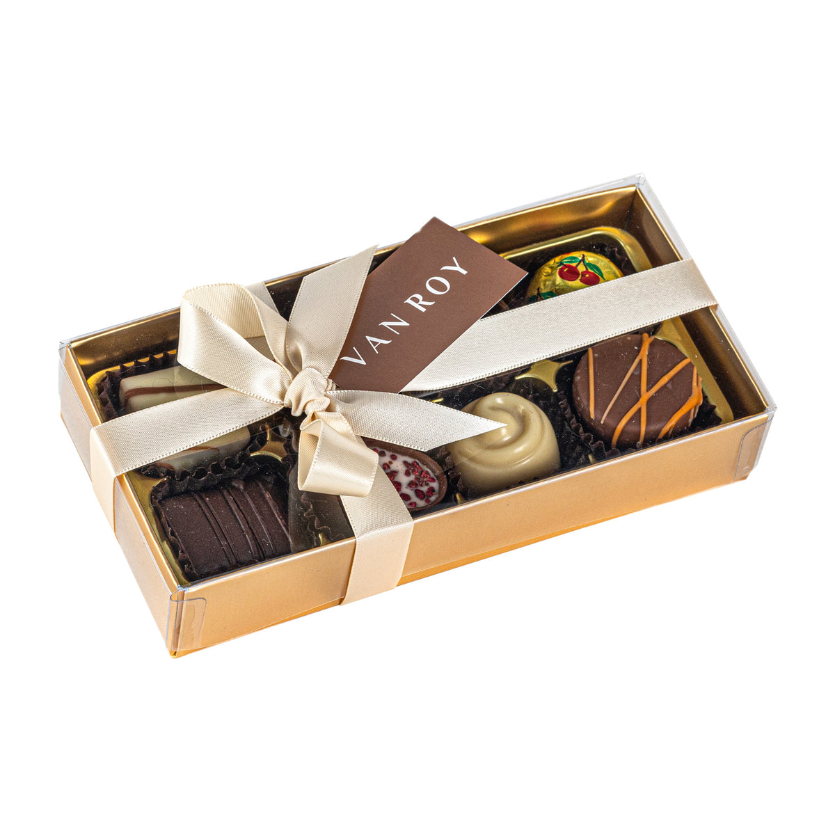 8 assorted Belgian chocolates in gold base with acetate lid and ribbon