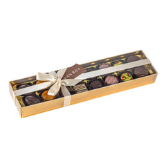 16 assorted Belgian chocolates in gold base with acetate lid and ribbon