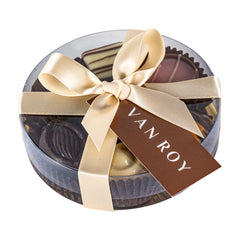 Assorted Belgian chocolates in 10cm cello round with ribbon