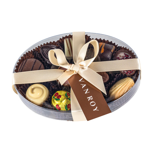 Assorted Belgian chocolates in 15cm cello oval with ribbon