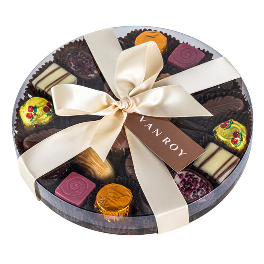 Assorted Belgian chocolates in 18cm cello round with ribbon