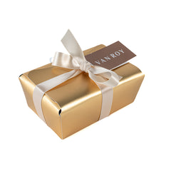 Assorted Belgian chocolates in gold ballotin with ribbon