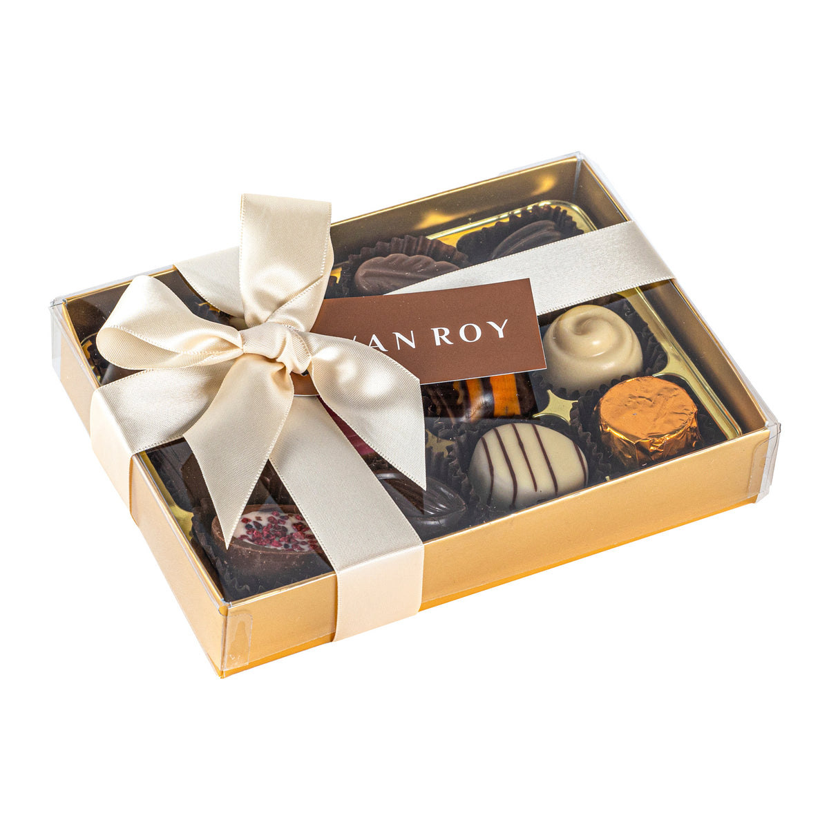 12 assorted Belgian chocolates in gold box with cello lid and ribbon