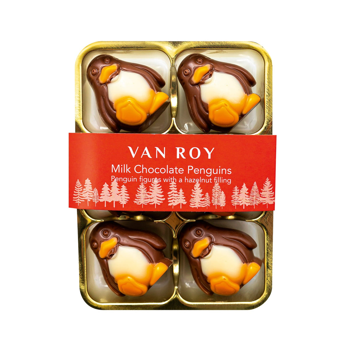 Milk chocolate penguin figures with hazelnut filling in cello pack