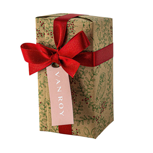 Deluxe Christmas ballotin of Belgian dark chocolates with menu tag