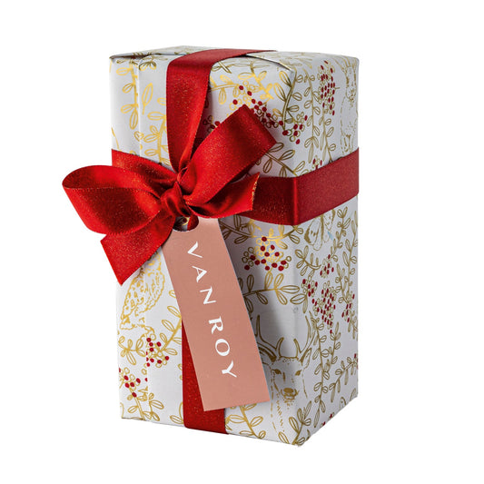 Deluxe Christmas ballotin of Belgian milk chocolates with menu tag