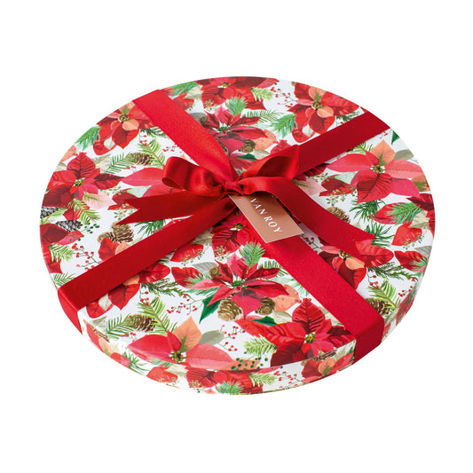 Deluxe rigid round box of assorted Belgian chocolates (2 x poinsettia designs) - 30cm