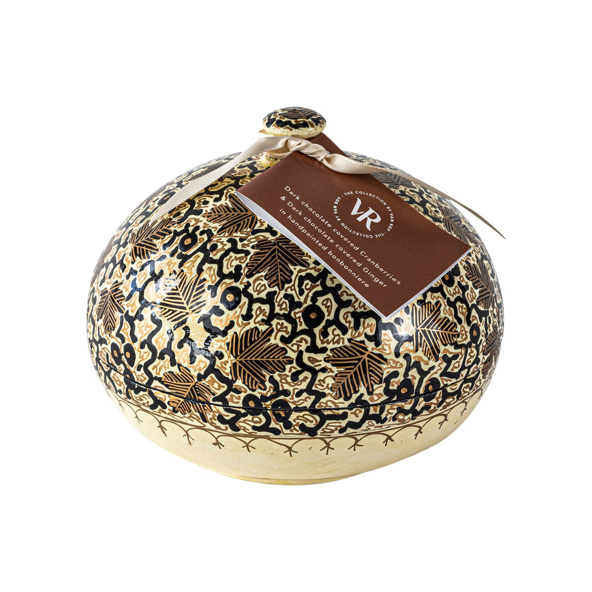 Traditional design of 6" Bonbonniere with dark chocolate coated ginger and dark chocolate cranberries